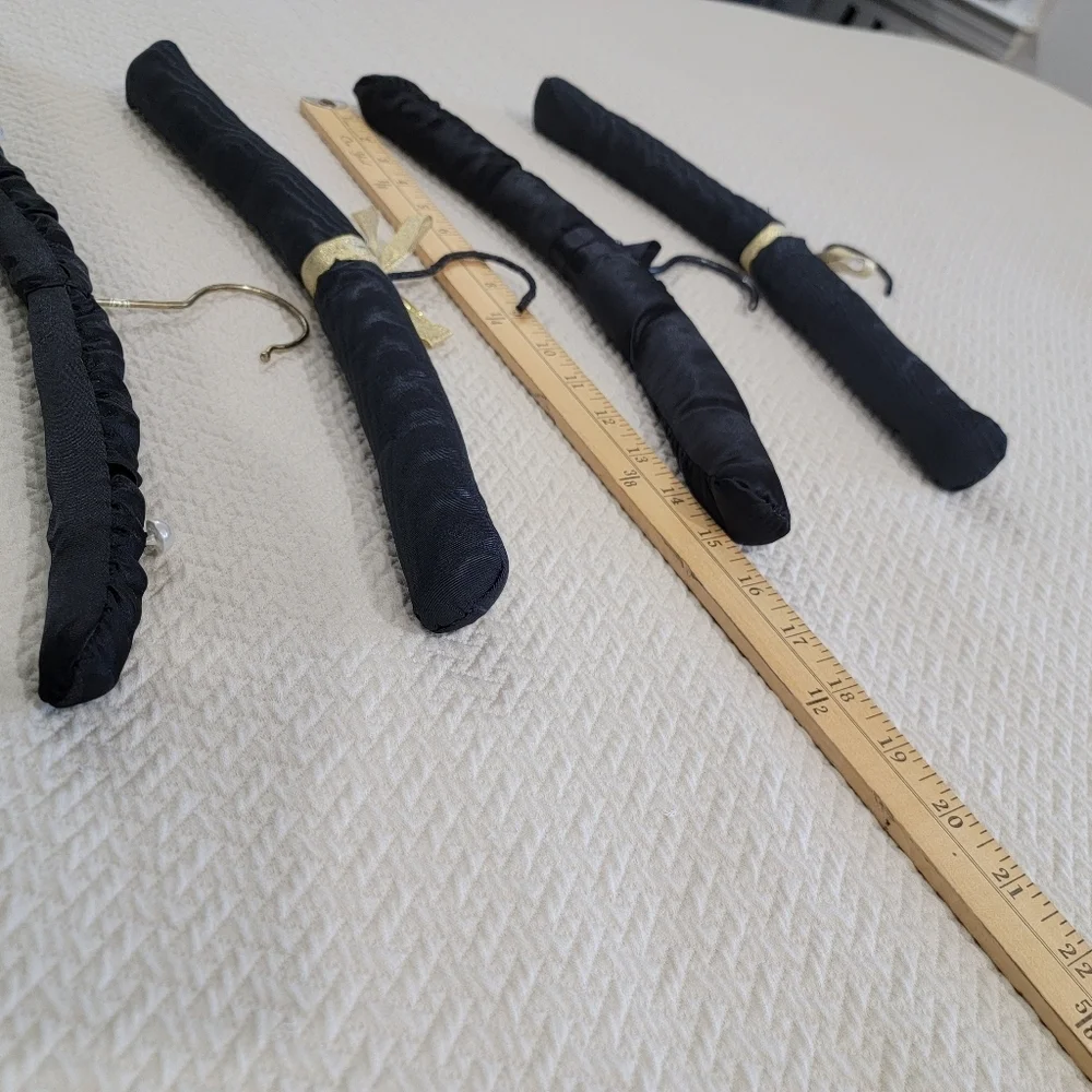 Set of Vintage Black Satin Padded Hangers with Gold And Pearl Accents